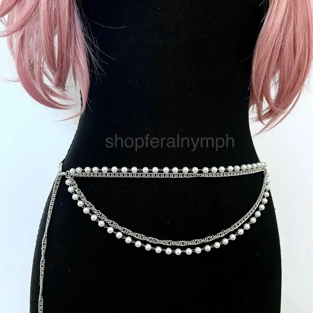 Silver Layered Faux Pearl Draped Waist Chain Belt, Fits 11-39 Inches, X7GA1346